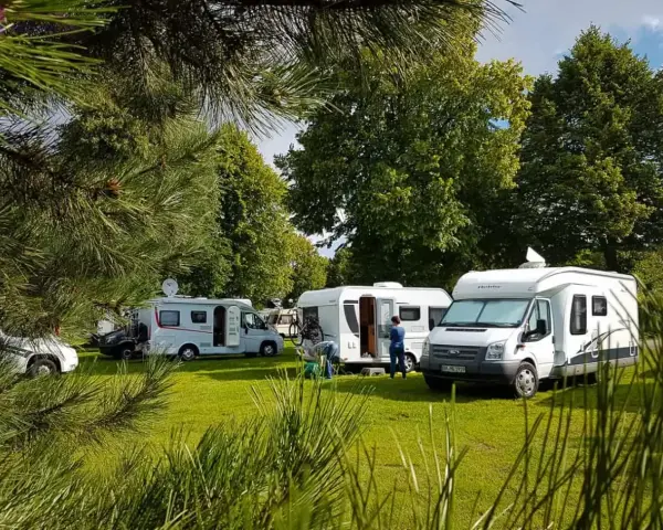 Kilka kamperów zaparkowanych na zielonym trawniku, w otoczeniu drzew. Idealne miejsce na wakacje w kamper park.