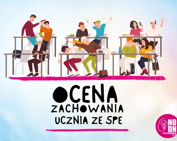 Ilustracja przedstawia klasę z uczniami i nauczycielem. Tematem jest ocenianie ucznia z niepełnosprawnością intelektualną w stopniu lekkim.