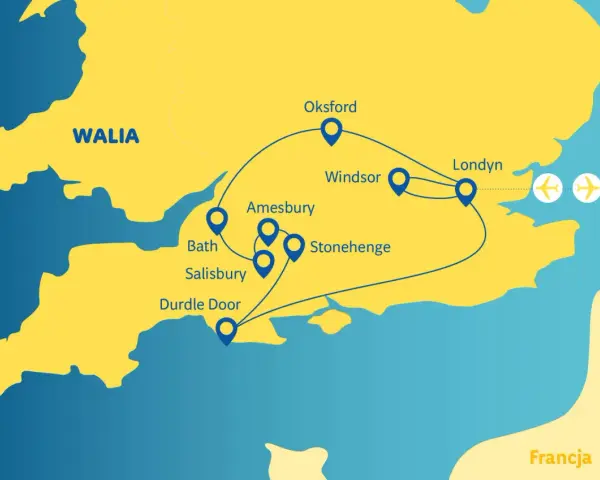 Mapa Wielkiej Brytanii z zaznaczonymi atrakcjami: Londyn, Windsor, Oksford, Bath, Salisbury, Stonehenge, Amesbury, Durdle Door.
