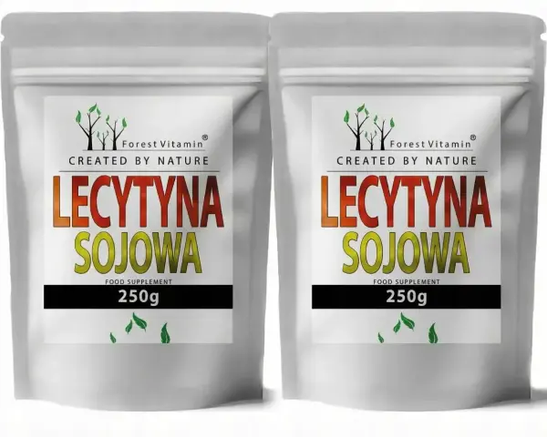 Dwie saszetki z lecytyną sojową Forest Vitamin, każda po 250g. Naturalny suplement diety.