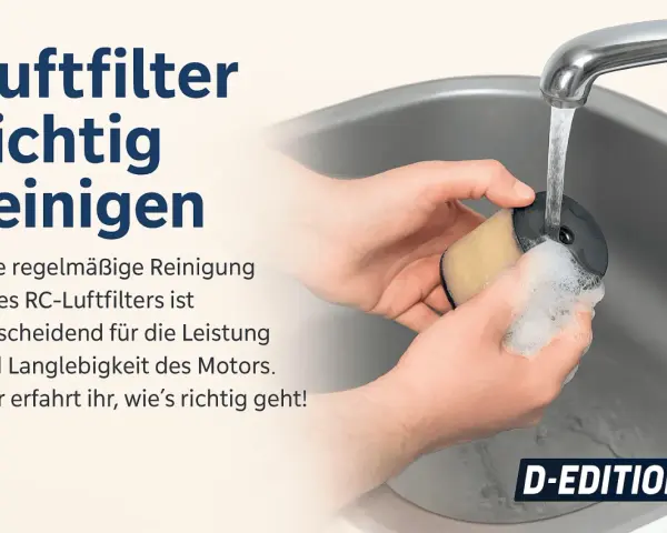 Hände reinigen einen RC-Luftfilter unter fließendem Wasser. Regelmäßiges Luftfilter reinigen sichert Motorleistung und Langlebigkeit.
