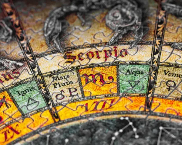 Fragment starożytnej mapy nieba z napisem "Scorpio" i symbolem kobiety skorpiona.