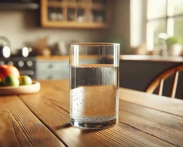 Szklanka wody na drewnianym stole. Czy przed badaniem krwi można pić wodę? Tak, zazwyczaj można pić wodę.