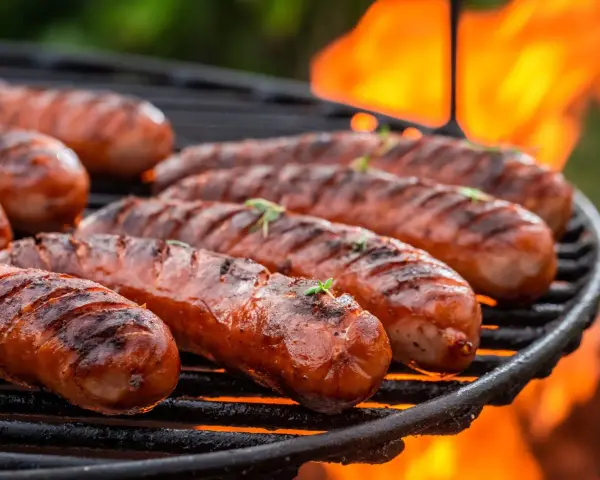 Kiełbaski śląskie grillowane na ruszcie z płomieniami w tle.