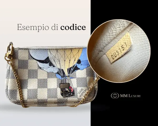 Esempio di codice su pochette Louis Vuitton. La maison produce in Francia, Italia, Spagna, USA e Germania.