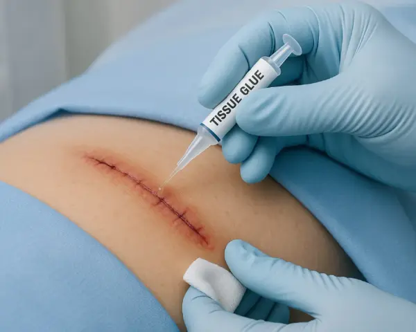 Lekarz w niebieskich rękawiczkach aplikuje klej na rany na świeżą bliznę pooperacyjną.