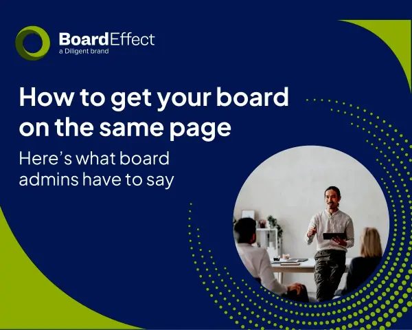 A man presents to a board, discussing how board administration can get everyone on the same page.