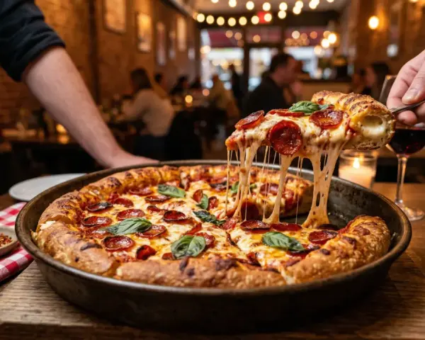 Gorąca pizza farmerska z ciągnącym się serem i pepperoni, serwowana w przytulnej restauracji. Idealna na wieczór w stylu Pizza Hut.