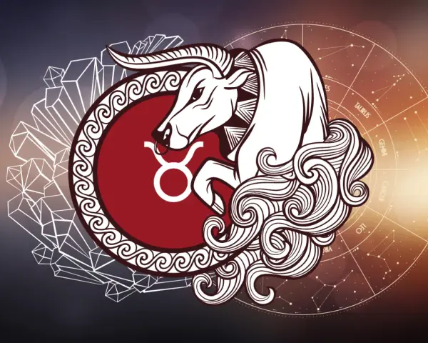 Znak zodiaku Byk (20 kwietnia - 20 maja) przedstawiony jako stylizowany byk z symbolem zodiaku.
