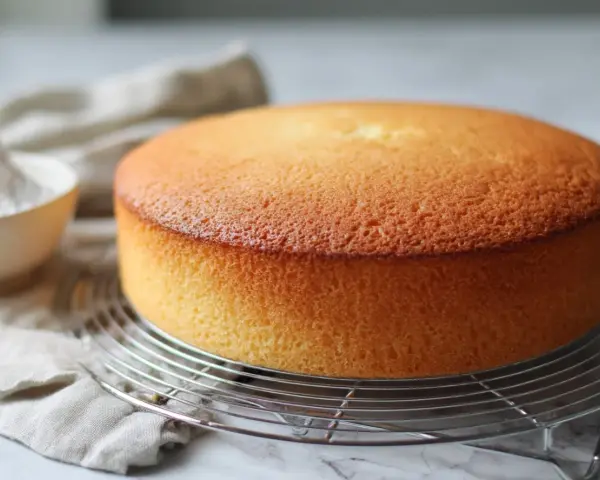 Un délicieux gâteau sans levure, doré et moelleux, refroidissant sur une grille. Une touche de sucre glace est visible dans un bol.