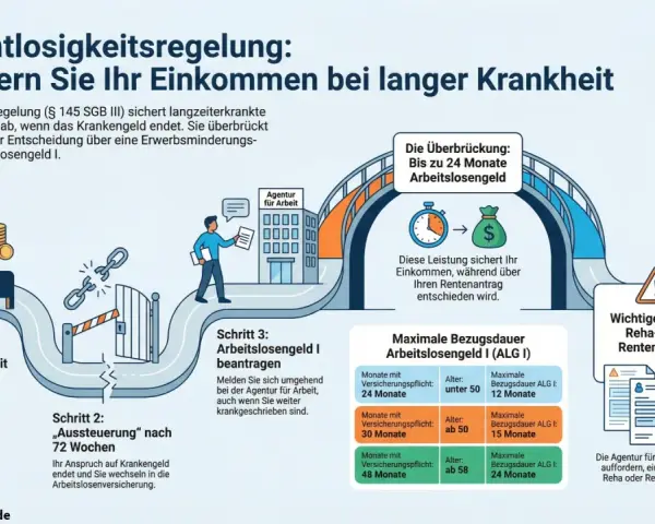 Krankengeld ab wann? Nach 6 Wochen Krankheit zahlt die Kasse, nach 72 Wochen folgt die Aussteuerung und der Wechsel zur Arbeitslosenversicherung.