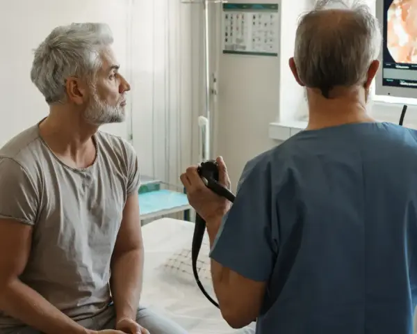Lekarz wykonuje rektoskopię u pacjenta, obserwując obraz na monitorze.