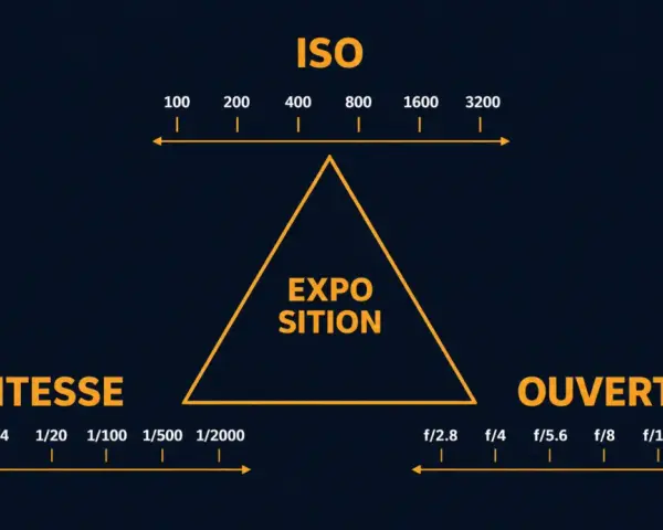 Triangle de l'exposition : ISO, Vitesse et Ouverture. Ce schéma aide à comprendre le mode P de votre appareil photo.