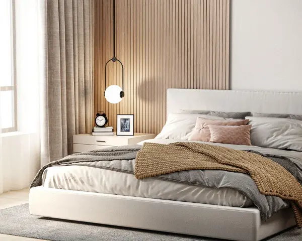 Moderna parete dietro letto matrimoniale con listelli in legno. Idee per un design accogliente.