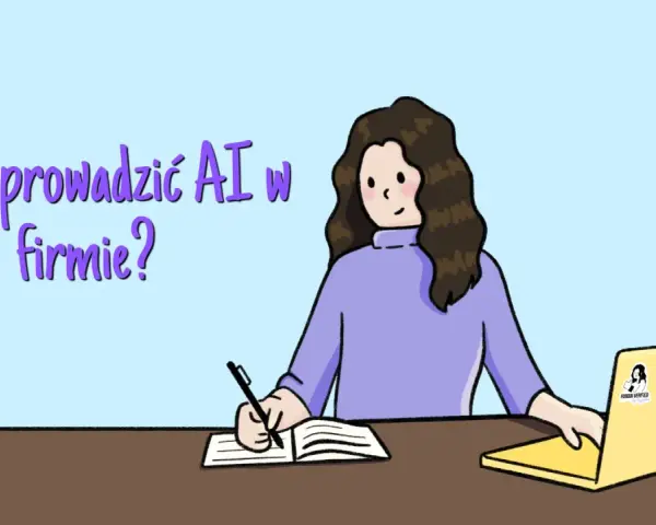 Kobieta pisze w zeszycie, obok laptop z naklejkami. Tekst pyta "Jak wprowadzić AI w firmie?". Nawet pryszcz w uchu nie przeszkadza w nauce.