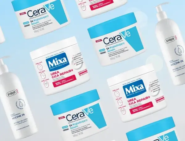 Jaki balsam do ciała wybrać? Na zdjęciu kosmetyki Eucerin, CeraVe, Mixa i Ziaja do pielęgnacji suchej skóry.