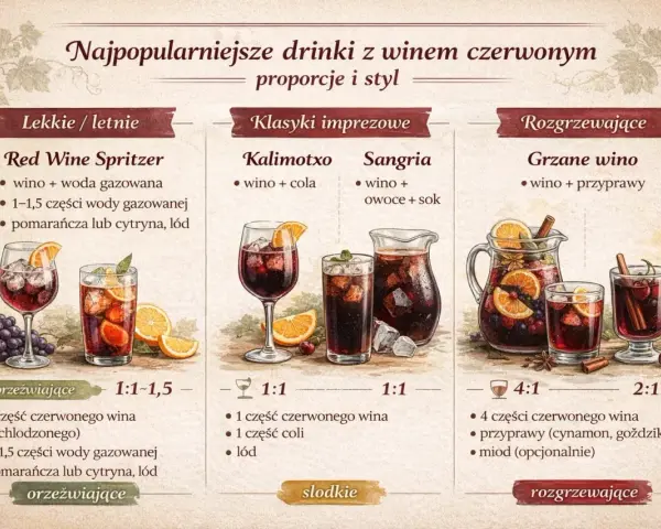 Przepisy na drinki z czerwonym winem: Red Wine Spritzer, Kalimotxo, Sangria i Grzane wino. Idealne na każdą okazję.