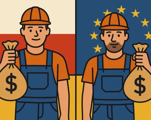 Dwóch pracowników w kombinezonach i kaskach trzyma worki z pieniędzmi na tle flag Polski i UE.