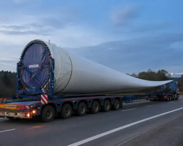 Ogromne łopaty wiatraka Vestas na specjalistycznej naczepie. Ten transport przesyłowy wymaga szczególnej ostrożności.