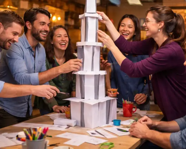 Une équipe s'amuse lors d'une activité séminaire entreprise, construisant une tour en papier. Collaboration et rires garantis !