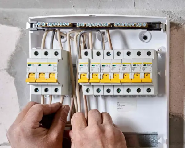 Ręce elektryka podłączają przewody do skrzynki z bezpiecznikami. Widać wlz, czyli rozdzielnicę z wyłącznikami nadprądowymi.