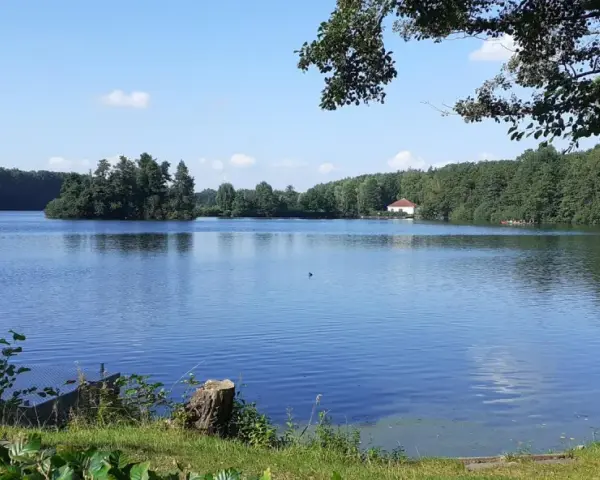Ein ruhiger Lippstadt See mit bewaldeten Ufern und einem kleinen Haus am Horizont.
