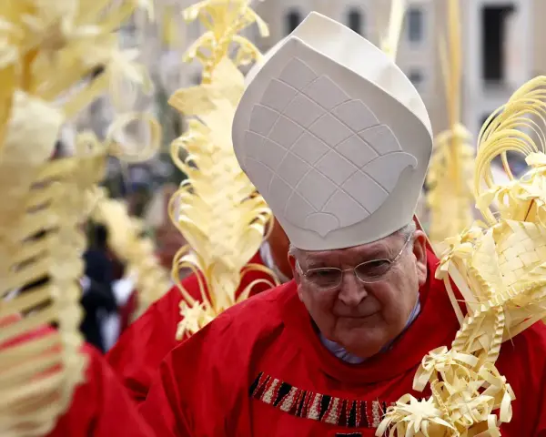 A bishop in red vestments and a white mitre holds a palm frond, surrounded by others. This scene marks Passion Sunday.