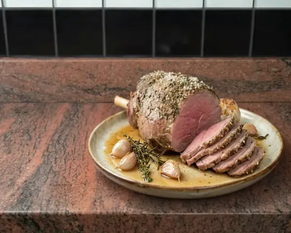 Rôti d'agneau sans os au four, tranché, avec ail et herbes. Le temps de cuisson parfait pour un plat savoureux.