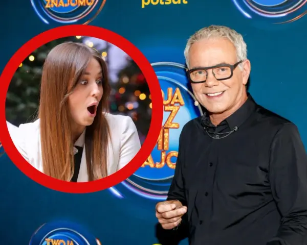 Zaskoczona uczestniczka programu "Jaka to melodia?" i uśmiechnięty prowadzący.