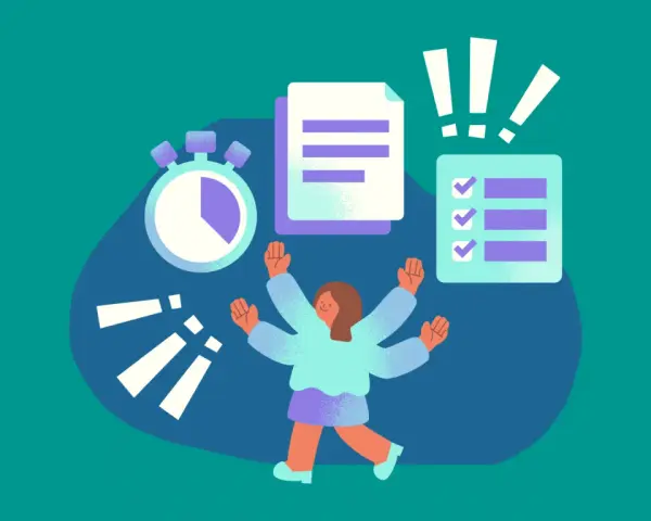 Persona con múltiples brazos, lista para optimizar el tiempo. Cronómetro, documentos y lista de tareas completadas sugieren eficiencia.