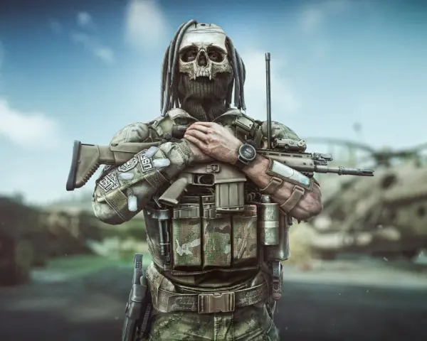 Żołnierz z maską czaszki i karabinem, gotowy na nowy tarkov wipe. W tle helikopter.