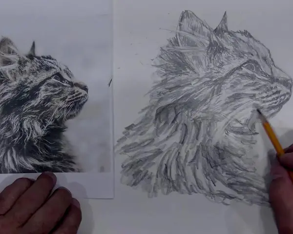 Un artiste commence à peindre un dessin de chat, en s'inspirant d'une photo. Le portrait prend vie sous ses doigts.