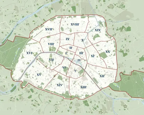 Mapa Paryża z zaznaczonymi dzielnicami (arrondissements). Plan pomoże Ci zdecydować, gdzie spać w Paryżu, wybierając najlepszą lokalizację.