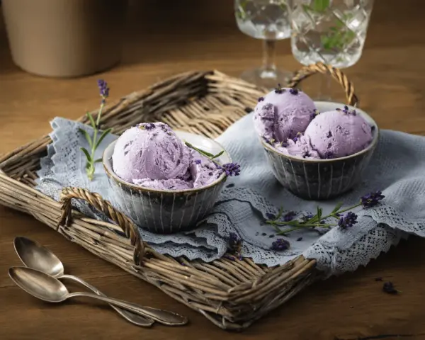 Zwei Schalen mit cremigem Lavendeleis, garniert mit Lavendelblüten. Ein köstliches Lavendeleis Rezept zum Nachmachen.