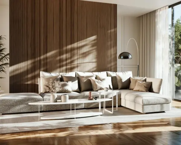 Przytulny salon w stylu japandi z dużą, wygodną kanapą, drewnianą ścianą i roślinami.