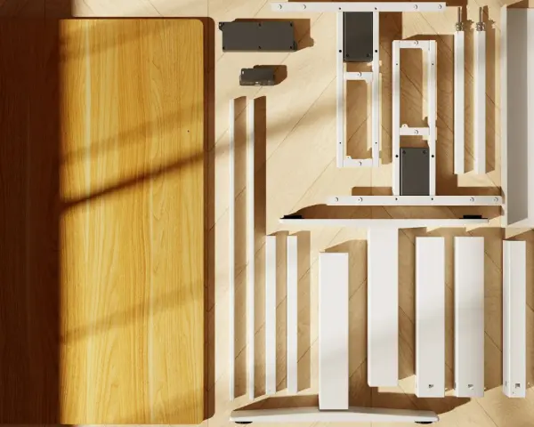 Tablero de madera y piezas blancas para hacer escritorio.