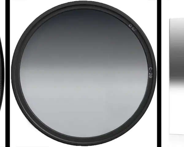 Trois filtres photo : un rond brun, un rond dégradé gris, et un carré dégradé gris. Un filtre nd pour des ciels parfaits.