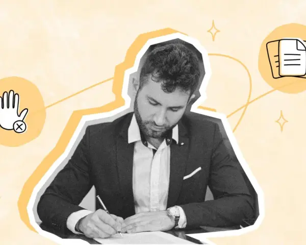 Un homme signe un document, symbolisant la fin d'un contrat. L'image évoque le régime social et l'indemnité de rupture conventionnelle.