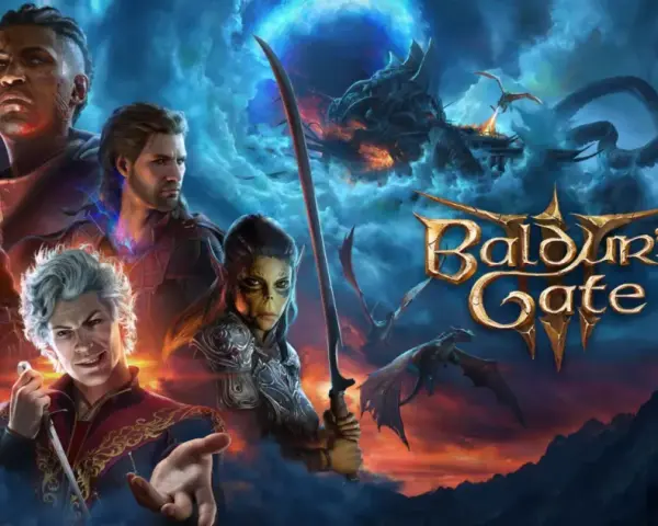 Personajes de Baldur's Gate III, con dragones y un cielo tormentoso.
