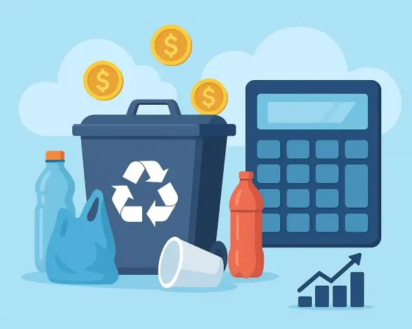 Kosz na śmieci z symbolem recyklingu, butelki, kubek, kalkulator i monety. Utylizacja co to? To sposób na oszczędzanie i zarabianie.