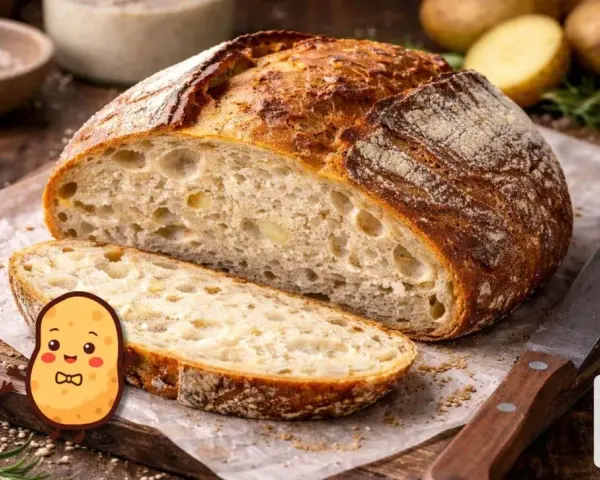 Ein rustikales **Kartoffelbrot mit Sauerteig**, frisch angeschnitten, mit knuspriger Kruste und weicher Krume. Zwei niedliche Kartoffel-Figuren schauen neugierig zu.