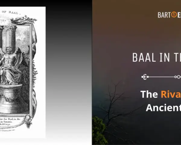 An engraving depicts "The House of Baal," showing a winged figure on an altar. Text on the right reads "Baal in the Bible: The Rival God of Ancient Israel.