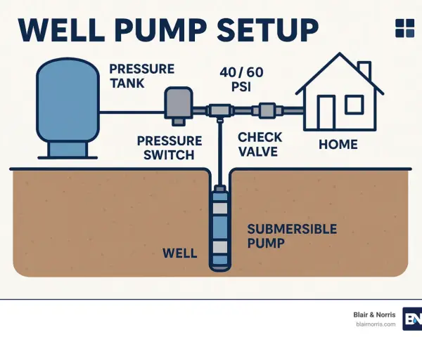 Diagram illustrating a well pump installation, showing a submersible pump in a well connected to a pressure tank, pressure switch, check valve, and a home.