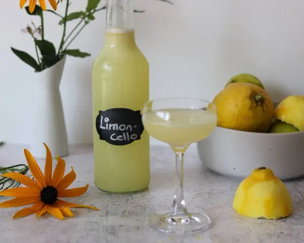Erfrischendes Limoncello Eis, serviert in einem Glas, neben einer Flasche und frischen Zitronen. Ein gelber Sonnenhut blüht daneben.