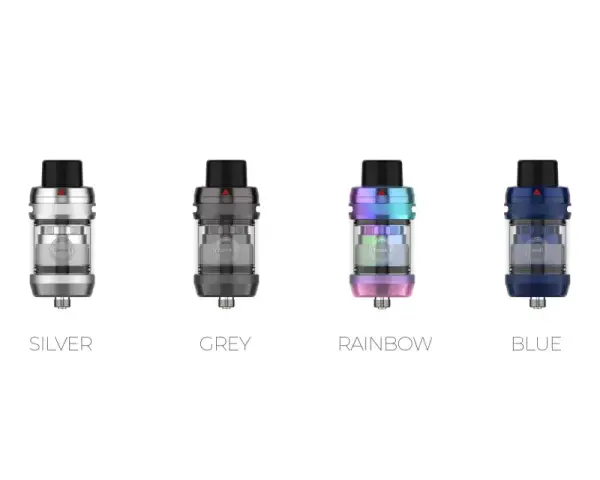 Vaporesso tank en varios colores: negro, plateado, gris, arcoíris, azul y marrón.