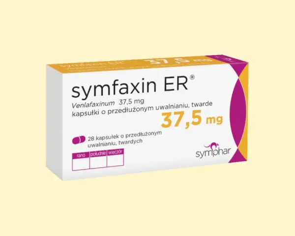 Opakowanie leku Symfaxin ER 37,5 mg, zawierające 28 kapsułek o przedłużonym uwalnianiu. To faxolet dla pacjentów.