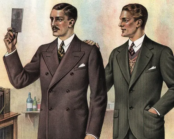Due uomini eleganti: uno con giacca monopetto, l'altro con doppiopetto, discutono di moda.