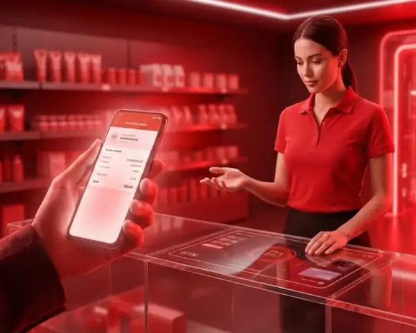 Klient pokazuje telefon z aplikacją, gdzie widnieje informacja o zwrocie bez paragonu. Sprzedawczyni w sklepie z neonowym oświetleniem czeka na dalsze instrukcje.