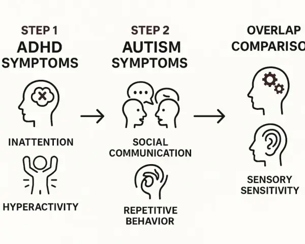 Porównanie objawów ADHD (nieuważność, nadpobudliwość) i autyzmu (komunikacja społeczna, powtarzalne zachowania) z obszarami nakładania się.
