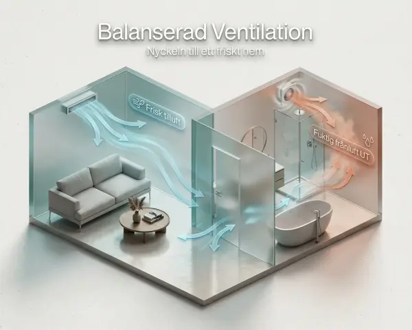 Illustration av balanserad ventilation hemma: frisk luft till vardagsrummet, fuktig luft ut från badrummet.